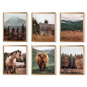 Highland Cow Pictures Wall Art - Farm House Animal - Boho Western Decor - Gift Cowboy Men Cowgirl - Set of 6 - Old West Ranch Room Decor - Country Horse Print - Fall Rustic Farmhouse Bathroom Poster