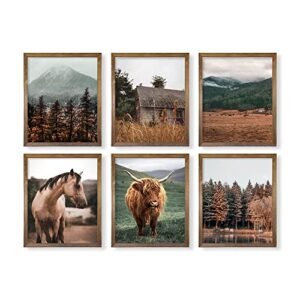 Highland Cow Pictures Wall Art - Farm House Animal - Boho Western Decor - Gift Cowboy Men Cowgirl - Set of 6 - Old West Ranch Room Decor - Country Horse Print - Fall Rustic Farmhouse Bathroom Poster