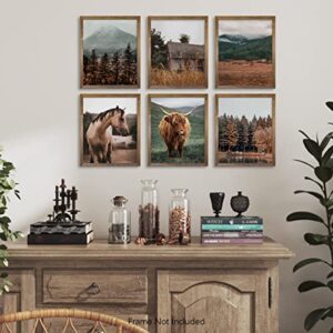 Highland Cow Pictures Wall Art - Farm House Animal - Boho Western Decor - Gift Cowboy Men Cowgirl - Set of 6 - Old West Ranch Room Decor - Country Horse Print - Fall Rustic Farmhouse Bathroom Poster