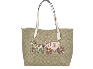 coach city tote in signature canvas with horse and carriage patchwork graphic in gold/light khaki multi