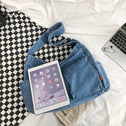 Cross Body Bag Purses for Women Denim Crossbody Handbags Blue Jean Purse Travel Large Hobo Canvas Cute Tote Bag with Zipper Pockets School Teen Girls Shoulder Casual Hand Bags Ladies Messenger Trendy