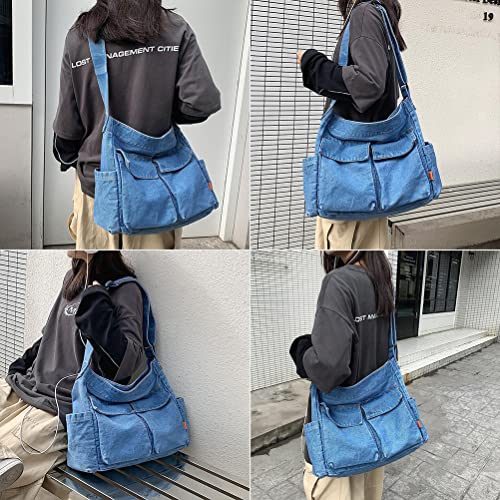 Cross Body Bag Purses for Women Denim Crossbody Handbags Blue Jean Purse Travel Large Hobo Canvas Cute Tote Bag with Zipper Pockets School Teen Girls Shoulder Casual Hand Bags Ladies Messenger Trendy