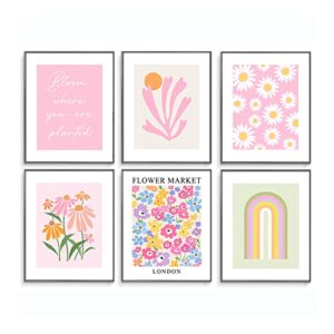 set of 6 wall art poster for room decor aesthetic botanical prints minimalist boho wall decor flower market poster prints for bedroom wall decor pink floral daisy wall art prints 8 x10in (pink)