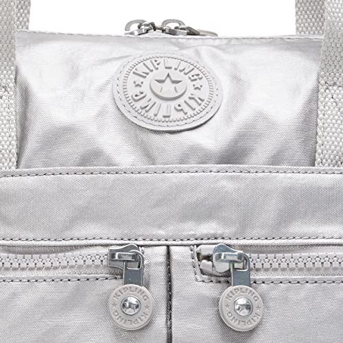 Kipling Womens Women's Charlene Bag, Organize Accessories, Removable Crossbody Strap, Nylon Travel Shoulder Bag, Smooth Silver Metallic, 11.5 L x 8.75 H 6.25 D US