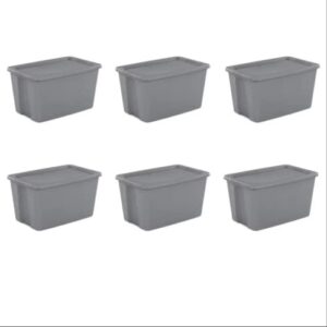 set of 6 – 30 gallon plastic modular storage bin tote stackable and nestable organizing container with durable lid and secure latching buckles, titanium