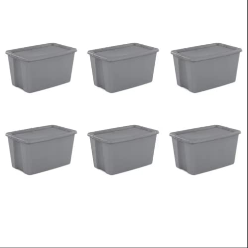 Set of 6 - 30 Gallon Plastic Modular Storage Bin Tote Stackable and Nestable Organizing Container with Durable Lid and Secure Latching Buckles, Titanium