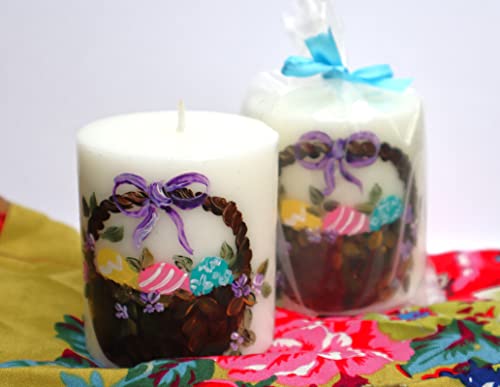 Handmade Decorative Short Pillar Candle with Hand Painted Easter Basket and Vines Spring Decorations Springtime Decor