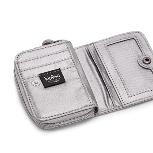 Kipling Womens Women's Tops Wallet, Compact, Practical, Nylon Travel Card Holder Wallets, Smooth Silver Metallic, 3 L x 4.125 H 1 D US