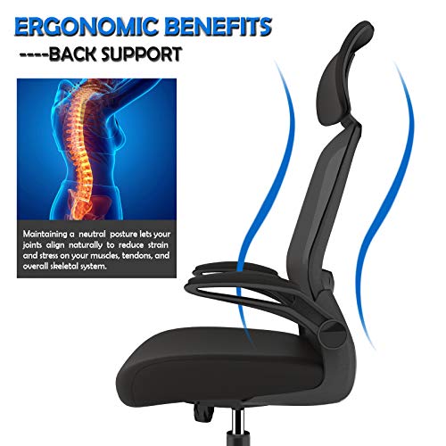 Ergonomic Office Chair, Home Office Desk Chair with Adjustable Headrest & Lumbar Support. High Back Mesh Computer Chair with Thickened Cushion &Flip-up Armrests, Task Executive Chair for Home Office