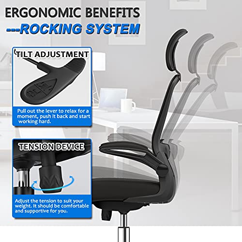 Ergonomic Office Chair, Home Office Desk Chair with Adjustable Headrest & Lumbar Support. High Back Mesh Computer Chair with Thickened Cushion &Flip-up Armrests, Task Executive Chair for Home Office