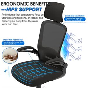 Ergonomic Office Chair, Home Office Desk Chair with Adjustable Headrest & Lumbar Support. High Back Mesh Computer Chair with Thickened Cushion &Flip-up Armrests, Task Executive Chair for Home Office