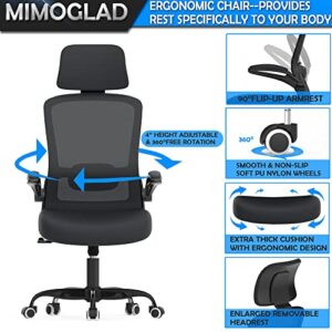 Ergonomic Office Chair, Home Office Desk Chair with Adjustable Headrest & Lumbar Support. High Back Mesh Computer Chair with Thickened Cushion &Flip-up Armrests, Task Executive Chair for Home Office