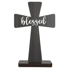 needzo rustic wooden standing cross with blessed center, religious home or office decor for shelves, tables, or desks, 8.5 inches x 5.5 inches