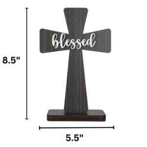 Needzo Rustic Wooden Standing Cross With Blessed Center, Religious Home or Office Decor for Shelves, Tables, or Desks, 8.5 Inches x 5.5 Inches