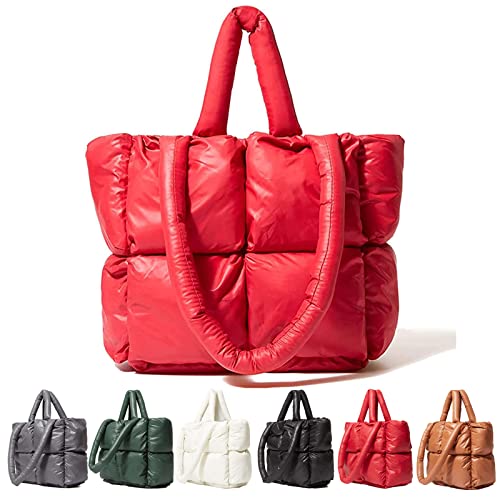 MadGrandeur Puffer Tote Bag Quilted Tote Bag for Women Down Fall Winter Handbag Puff Bag Aesthetic Shoulder Bag Stuffing Pillow Bag (Red)