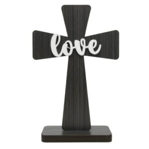 needzo rustic wooden standing cross with love center, religious home or office decor for shelves, tables, or desks, 8.5 inches x 5.5 inches