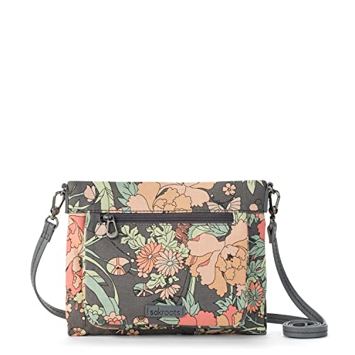 Sakroots Camden Small Crossbody in Cotton Uncoated Canvas, Charcoal Flower Power