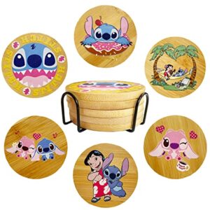 stitch coasters for drinks, 6-pack of fun coasters with coaster holders, bamboo coasters, coffee table wood coasters, cute coasters for home decor, stitch merchandise, stitch gifts (type b)