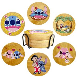 Stitch Coasters for Drinks, 6-Pack of Fun Coasters with Coaster Holders, Bamboo Coasters, Coffee Table Wood Coasters, Cute Coasters for Home Decor, Stitch Merchandise, Stitch Gifts (Type B)