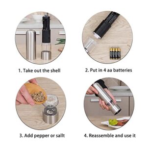 Electric Salt and Pepper Grinder Set Automatic Battery Operated Stainless Steel Spice Mills One Handed Push Button Peppercorn Grinders and Mills