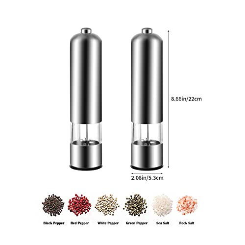 Electric Salt and Pepper Grinder Set Automatic Battery Operated Stainless Steel Spice Mills One Handed Push Button Peppercorn Grinders and Mills