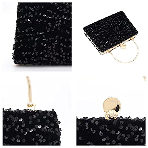 IAMUHI Small Sequins Clutch Purse Top Handle Evening Handbag Convertible Mermaid Square Shoulder Crossbody Bag,Black