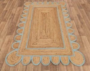 natural handwoven scalloped jute area rug 3×15, braided natural color area rug for living room, entryway, hallway, kitchen floor, under table 8×10, 9×12, 10×14, 10×16, 10×18 (light blue, 2.5’x8′)