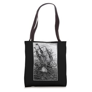 cthulhu giant octopus attacking ship vintage kraken occult tote bag