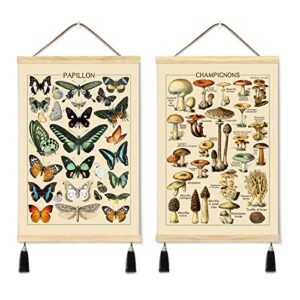 liyaoli vintage mushroom wall art botanical poster decor & butterfly wall art 2 set of 16x24 inch hanging canvas magnetic poster frame wood wall art for indie room decor maximalist wall decor