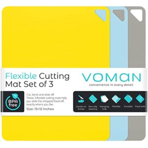 voman flexible cutting boards for kitchen | set of 3 | bpa-free cutting mats for cooking, color coded cutting board mats | non slip cutting sheets | plastic cutting board set | chopping boards