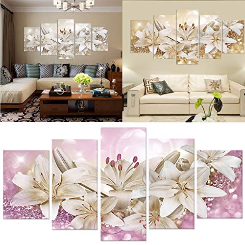 5 Panel Wall Art Canvas Painting, Golden L𝚒ly Plant B𝚘tany Picture Flower Artwork Oil Painting on Canvas Stretched, Home Decoration Living Room Bedroom Wall Art Hanging