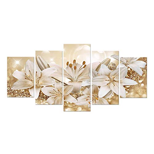 5 Panel Wall Art Canvas Painting, Golden L𝚒ly Plant B𝚘tany Picture Flower Artwork Oil Painting on Canvas Stretched, Home Decoration Living Room Bedroom Wall Art Hanging