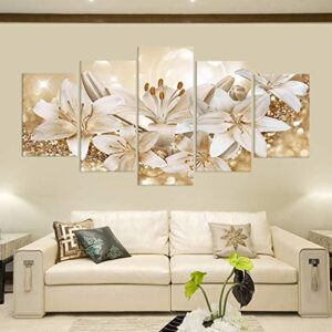 5 Panel Wall Art Canvas Painting, Golden L𝚒ly Plant B𝚘tany Picture Flower Artwork Oil Painting on Canvas Stretched, Home Decoration Living Room Bedroom Wall Art Hanging