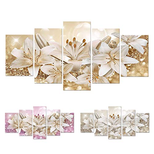 5 Panel Wall Art Canvas Painting, Golden L𝚒ly Plant B𝚘tany Picture Flower Artwork Oil Painting on Canvas Stretched, Home Decoration Living Room Bedroom Wall Art Hanging