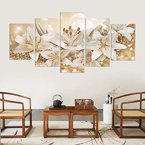 5 Panel Wall Art Canvas Painting, Golden L𝚒ly Plant B𝚘tany Picture Flower Artwork Oil Painting on Canvas Stretched, Home Decoration Living Room Bedroom Wall Art Hanging