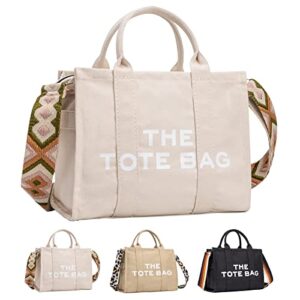 the tote bags for women travel handbag canvas shoulder bag with zipper crossbody purse for office, travel, school (white)