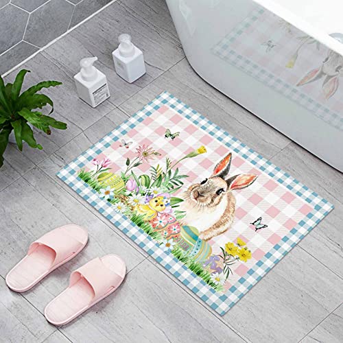 Welcome Doormat Easter Bunny Spring Green Leaf Floral Egg Basket Pink Blue Plaid,Non Slip Indoor Floor Mat Bath Rug,Rabbit Chick Flower Entrance Carpet Bedroom Kitchen Living Room Bathroom 16x24In