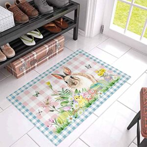 Welcome Doormat Easter Bunny Spring Green Leaf Floral Egg Basket Pink Blue Plaid,Non Slip Indoor Floor Mat Bath Rug,Rabbit Chick Flower Entrance Carpet Bedroom Kitchen Living Room Bathroom 16x24In