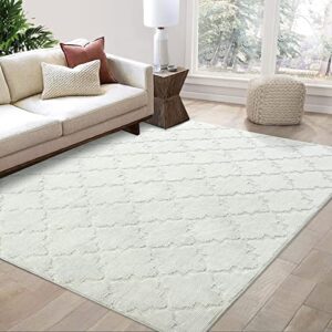 GlowSol Large Area Rug 8x10 Shag Rug for Bedroom Solid Diamond Lattice Rug Boho Moroccan Area Rug Tufted Carpet Modern Geometric Area Rug Non-Shedding Home Decoration Area Rugs, Beige