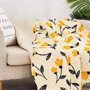 dada bedding botanical floral lap quilt – throw blanket quilted yellow fleur golden yellow spring time tulips – scalloped edges bright vibrant ivory cream – 50 x 60