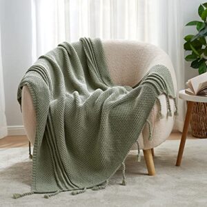 cozy bliss honeycomb knit throw blanket with hand-made tassel soft cozy acrylic knitted throw decorative woven blanket for couch, bed,sofa, 50×60 inches, sage green