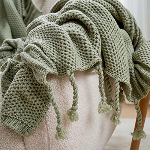 Cozy Bliss Honeycomb Knit Throw Blanket with Hand-Made Tassel Soft Cozy Acrylic Knitted Throw Decorative Woven Blanket for Couch, Bed,Sofa, 50x60 inches, Sage Green