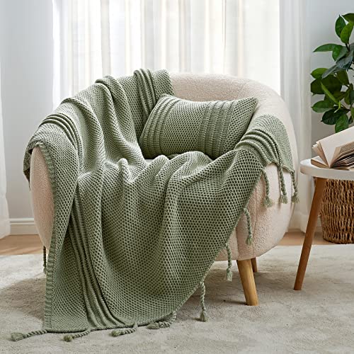 Cozy Bliss Honeycomb Knit Throw Blanket with Hand-Made Tassel Soft Cozy Acrylic Knitted Throw Decorative Woven Blanket for Couch, Bed,Sofa, 50x60 inches, Sage Green