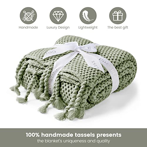 Cozy Bliss Honeycomb Knit Throw Blanket with Hand-Made Tassel Soft Cozy Acrylic Knitted Throw Decorative Woven Blanket for Couch, Bed,Sofa, 50x60 inches, Sage Green
