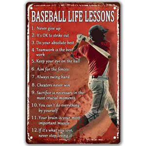 retro baseball tin sign vintage baseball decor for boys room baseball life lessons metal signs motivational workout baseball sports posters for boys bedroom never give up wall art decor personalized baseball gifts red decorations for home bar classroom si