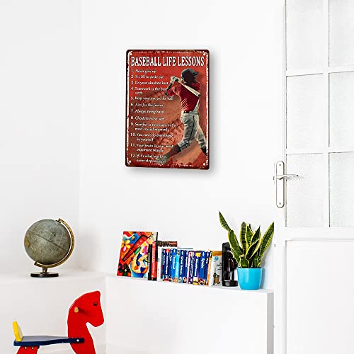 Retro Baseball Tin Sign Vintage Baseball Decor For Boys Room Baseball Life Lessons Metal Signs Motivational Workout Baseball Sports Posters For Boys Bedroom Never Give Up Wall Art Decor Personalized Baseball Gifts Red Decorations For Home Bar Classroom Si