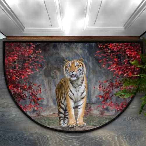 Nichpedr Welcome Half Round Door Mat African Animal Tiger Autumn Tree Entrance Way Rugs Doormats Soft Non-Slip Washable Bath Rugs Floor Mats for Home Bathroom Indoor Outdoor 18x30 Inch