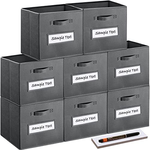 artsdi 13x13 Inch Cube Storage Bins(Set of 8)-Basket Bins with 8 Labels Window Cards & a Pen - Collapsible Storage Organizer Boxes Cube For Nursery Home & Office-Gray