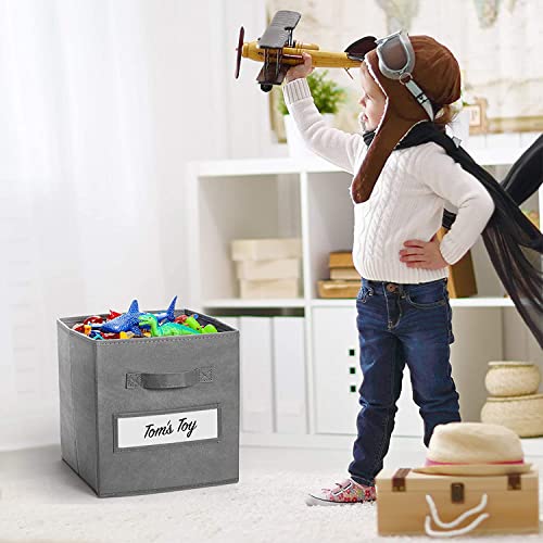 artsdi 13x13 Inch Cube Storage Bins(Set of 8)-Basket Bins with 8 Labels Window Cards & a Pen - Collapsible Storage Organizer Boxes Cube For Nursery Home & Office-Gray