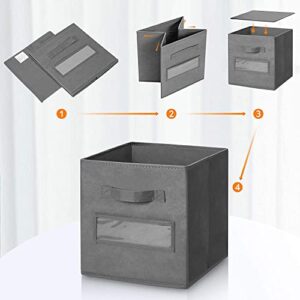 artsdi 13x13 Inch Cube Storage Bins(Set of 8)-Basket Bins with 8 Labels Window Cards & a Pen - Collapsible Storage Organizer Boxes Cube For Nursery Home & Office-Gray